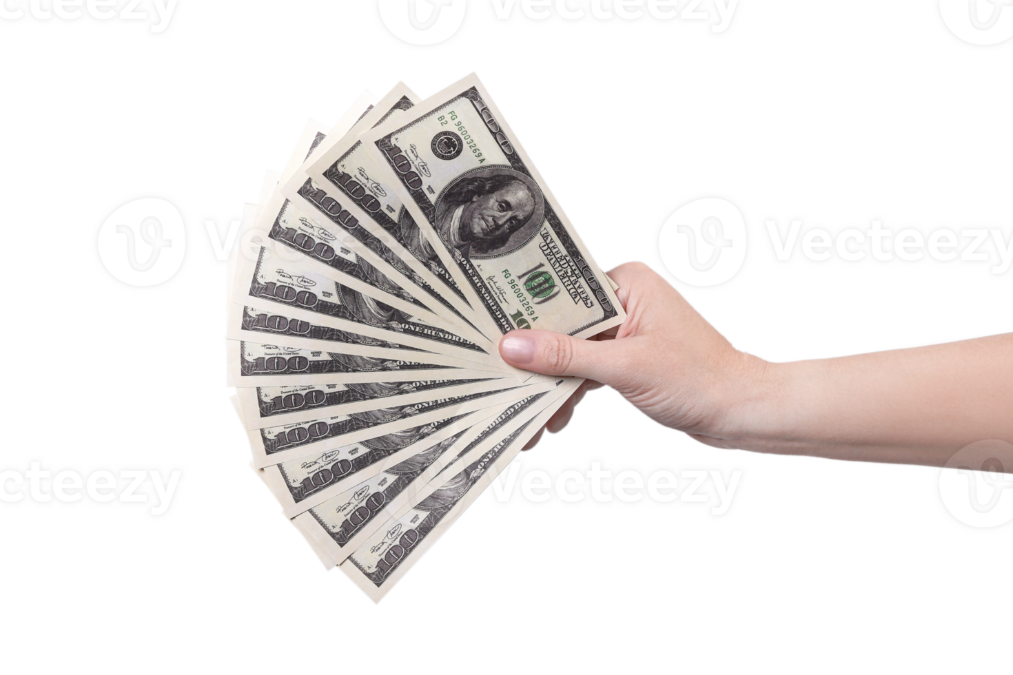 Hand on the right shows a fan of money. Money in a hand isolated on transparent background png