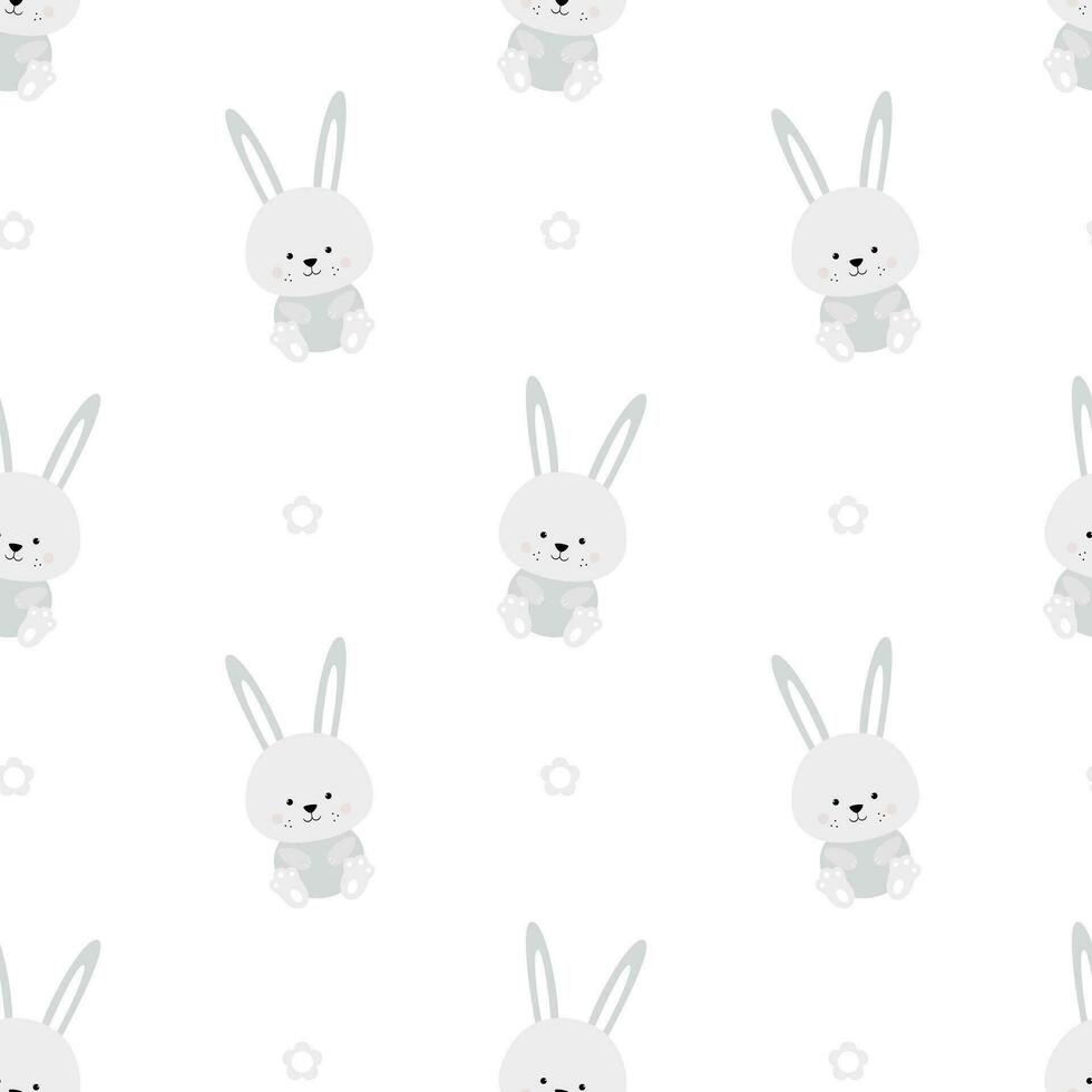 Cute bunnies with flowers. Childish pattern with rabbits and carrots. Print for newborn girl or boy. vector