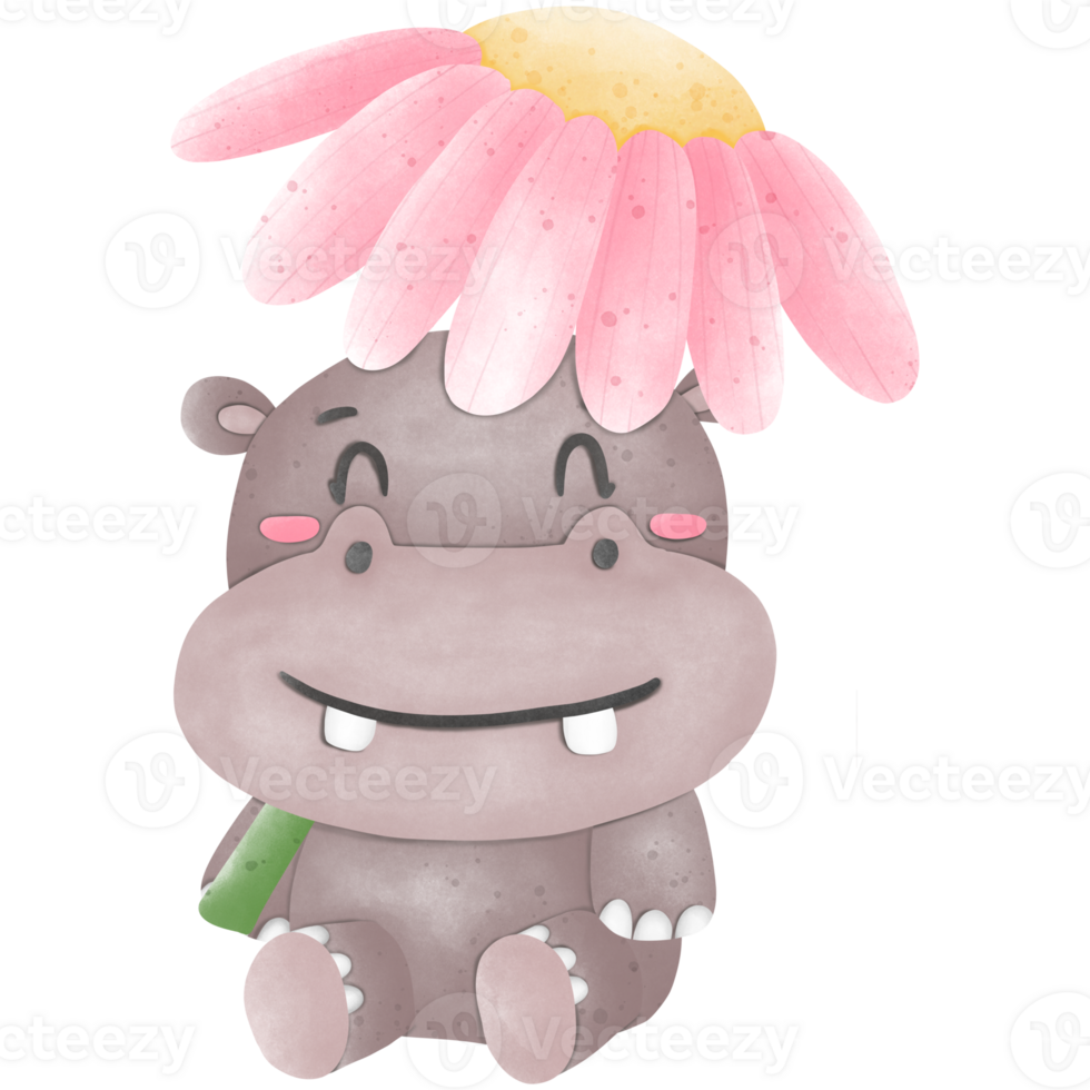 Hippopotamus with pink flower umbrella png