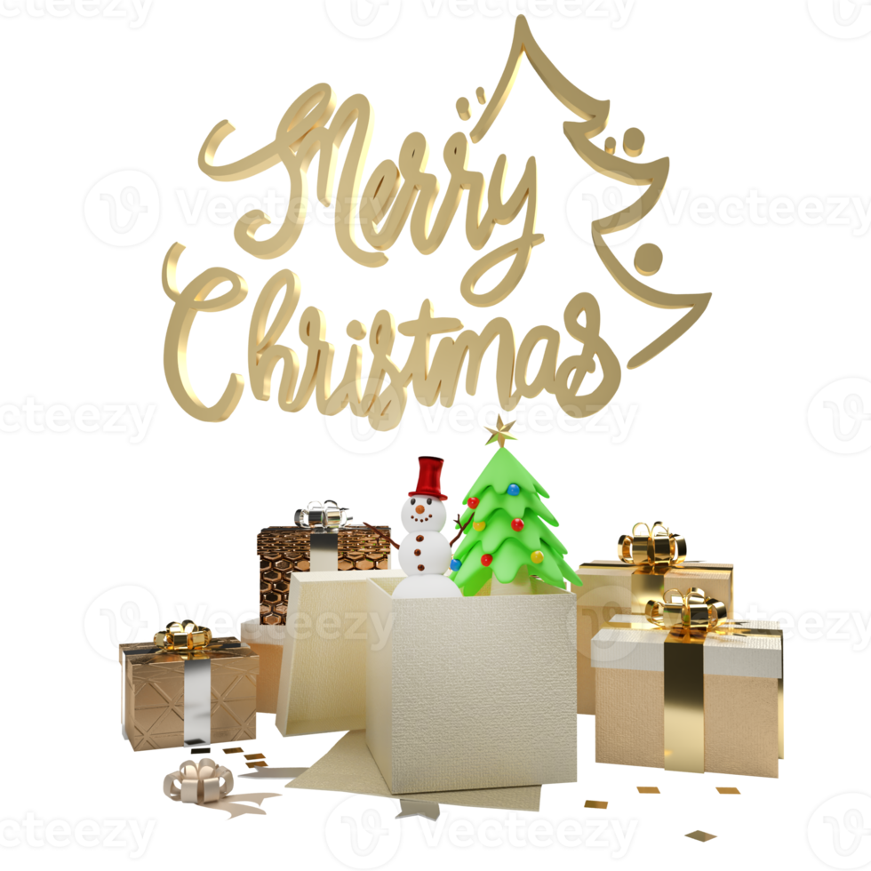 The Gold text and gift box for Christmas or Holiday concept 3d rendering png