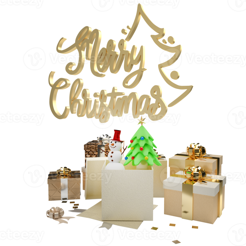 The Gold text and gift box for Christmas or Holiday concept 3d rendering png
