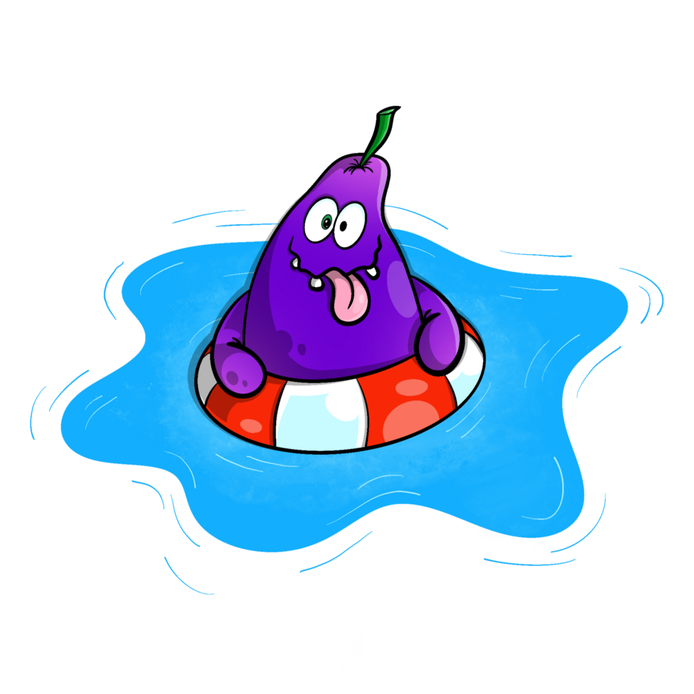 komisch Gesicht Aubergine mit ein Leben Gürtel schwebend auf ein Wasser Schwimmen Schwimmbad. png