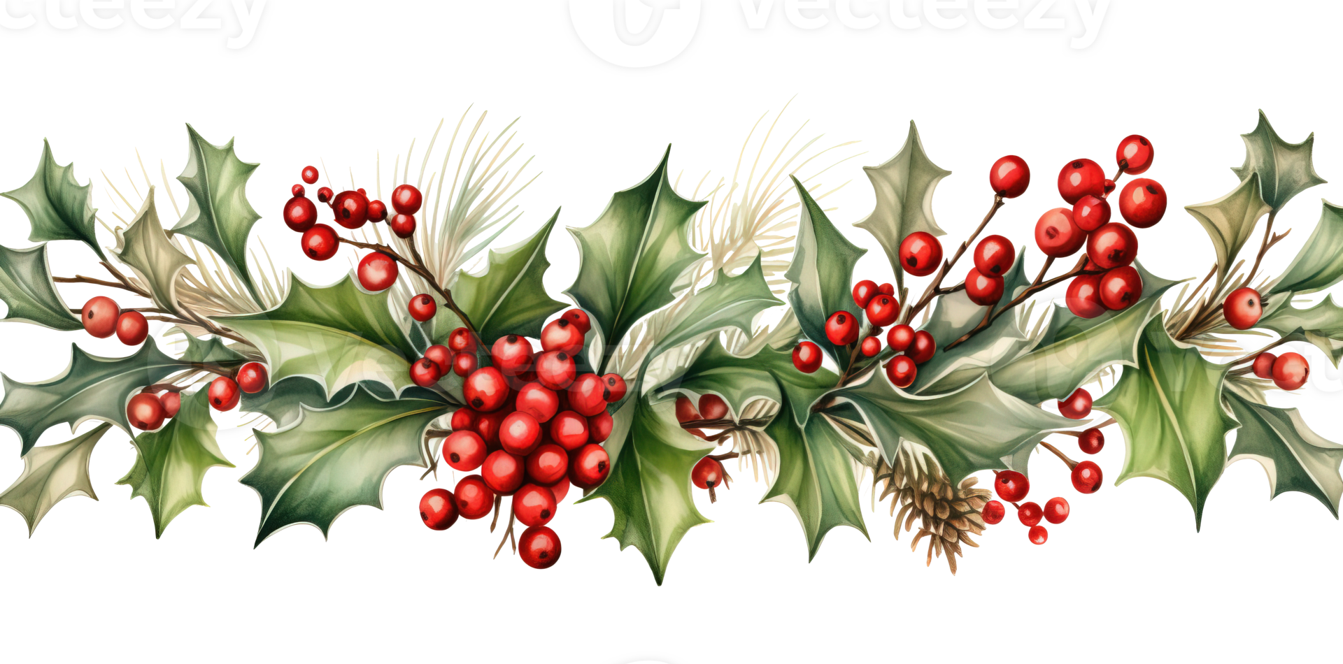 AI generated Christmas ornaments by painting branches with watercolors on a transparent background, including tree branches and holly sprigs adorned with red berries. AI Generation png