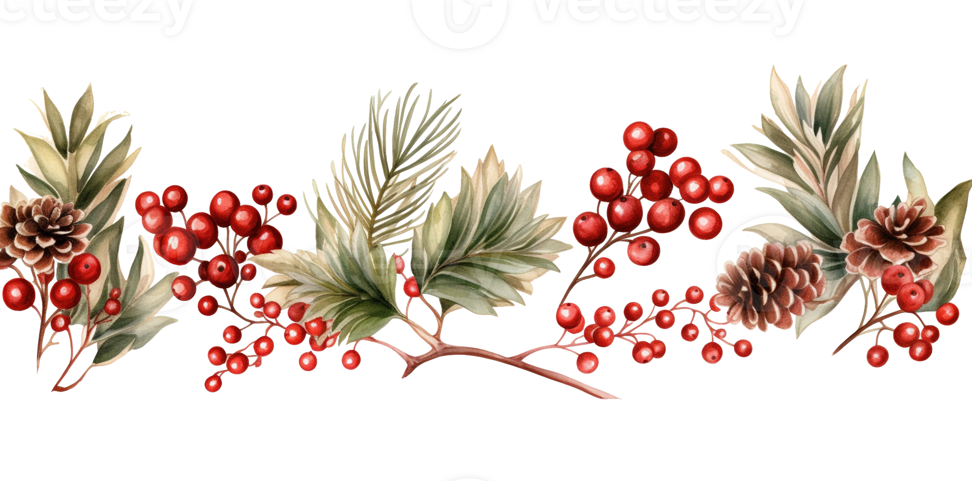 AI generated Christmas ornaments by painting branches with watercolors on a transparent background, including tree branches and holly sprigs adorned with red berries. AI Generation png