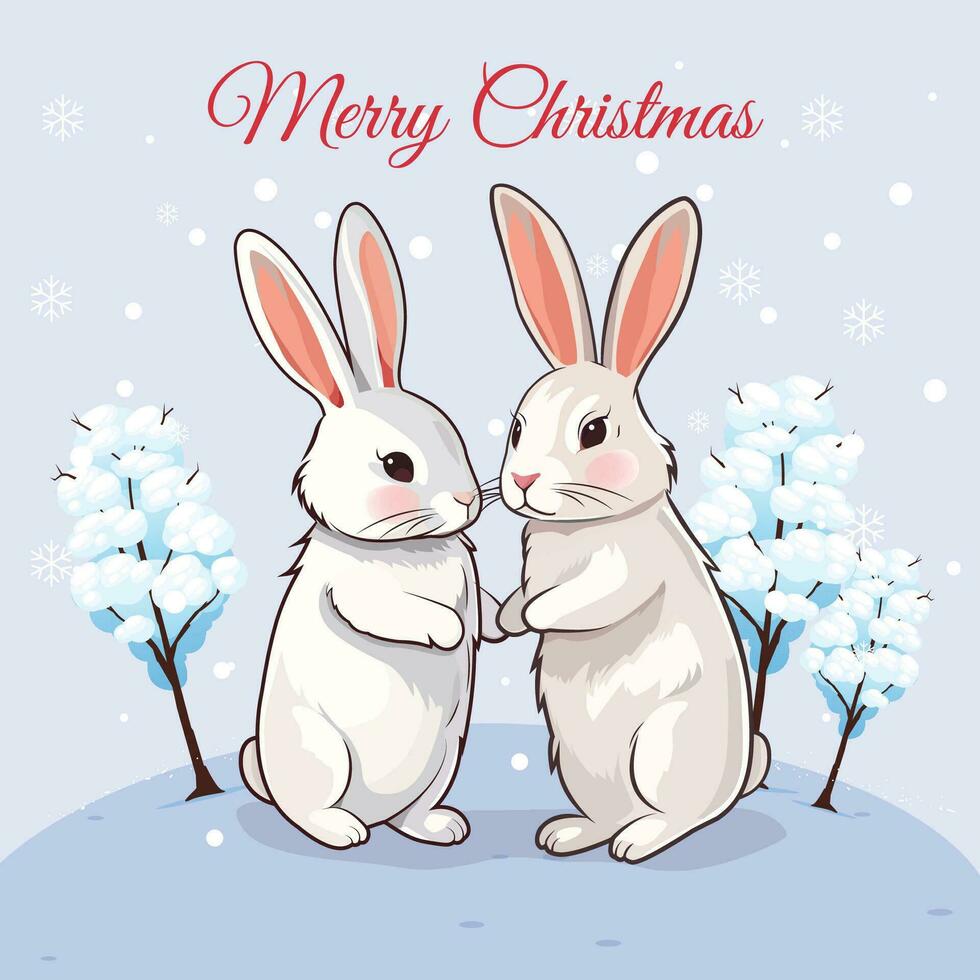 Merry Christmas Card With Cute Rabbit Couple And Winter Background vector