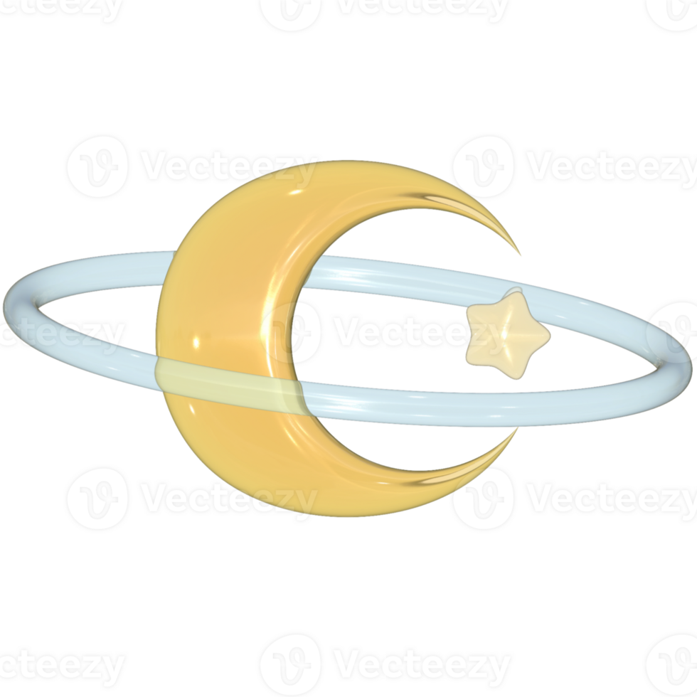 Moon and star with ring Y2K 3D rendering cute clear glass png
