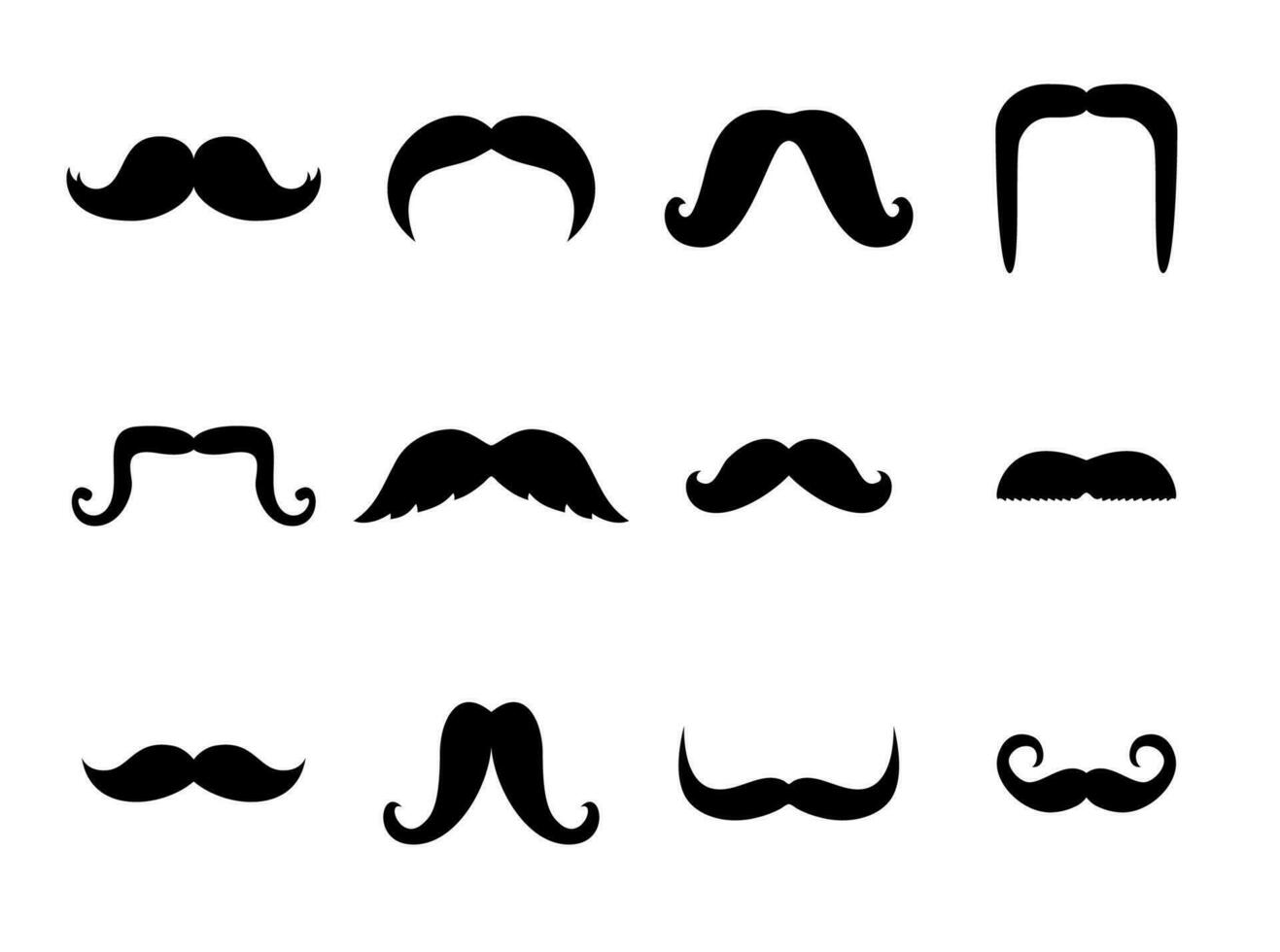 Set of mustaches black silhouettes isolated on white background. Collection of men mustaches icons. Vector illustration