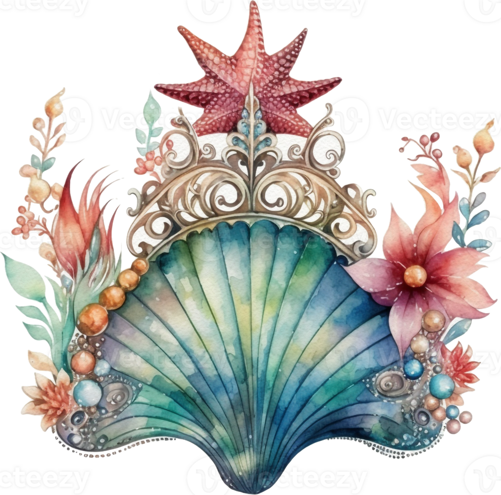 AI generated Composition of marine plants. Set of marine watercolor illustrations of sea corals, starfish, algae, shells. Isolated png