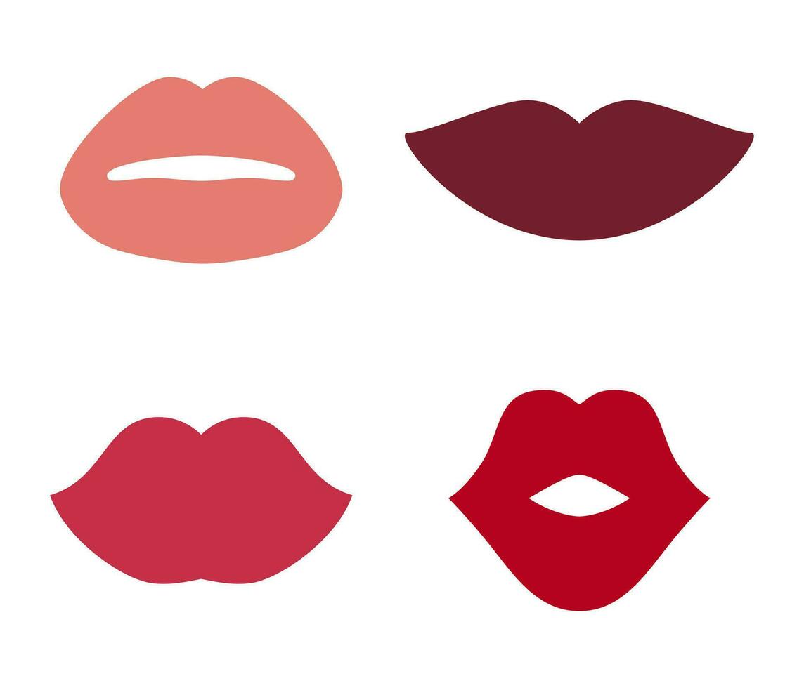 Different women lips icons set isolated on white background. Silhouettes kiss Vector illustration