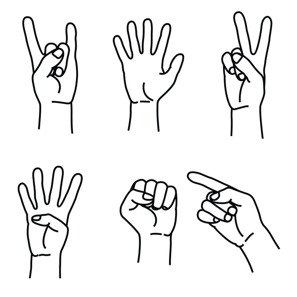 varios gestos de humano manos conjunto íconos en línea estilo aislado en un blanco antecedentes. vector ilustración