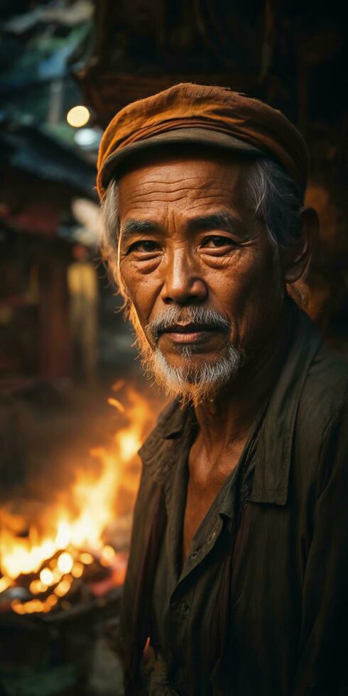 ai generado vietnamita antiguo hombre en pie en frente de un fuego en el pueblo foto