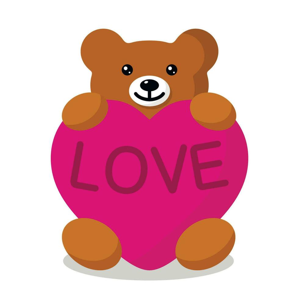 Funny character toy Teddy holding in the paws of a big heart isolated on background. The concept of Valentine's Day. vector