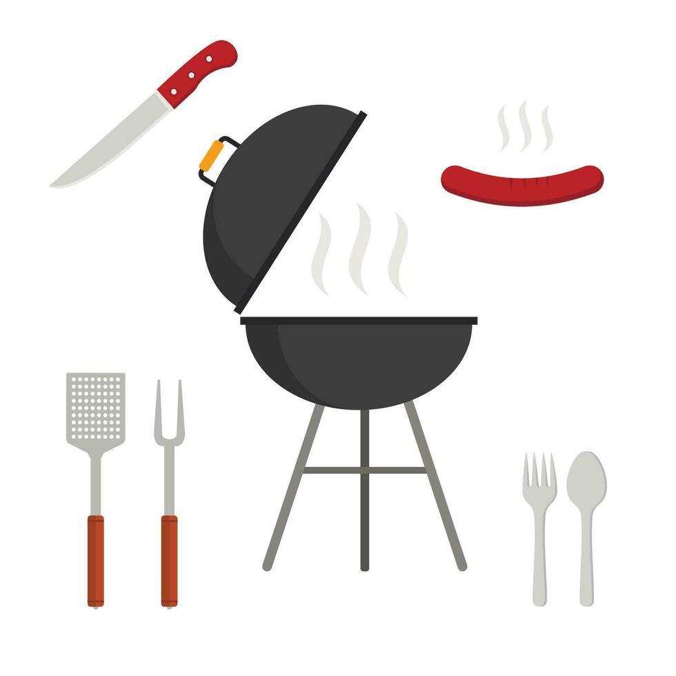 BBQ grill set icons isolated on white background. Picnic camping cooking, barbecue vector illustration icon flat style.