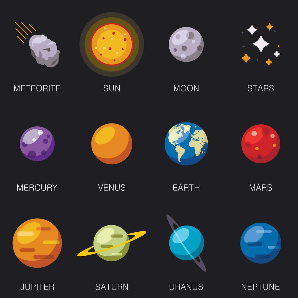 Solar system 8 planets and Sun, Moon, stars and meteorite isolated on background. Vector illustration