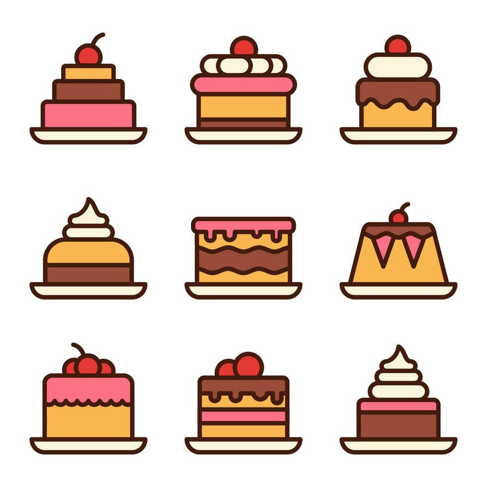 pastel postre línea íconos colocar. firmar equipo de dulce alimento. sencillo delicioso plano símbolo. dulce cumpleaños pasteles, panadería magdalena aislado en blanco. vector ilustración