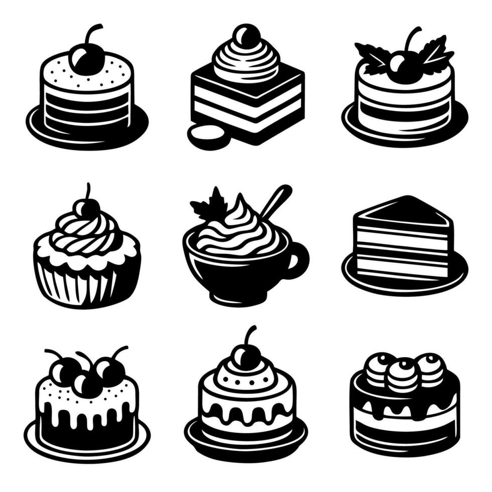 pastel postre negro íconos colocar. firmar equipo de dulce alimento. sencillo delicioso negro símbolo. dulce cumpleaños pasteles, panadería magdalena aislado en blanco. vector ilustración