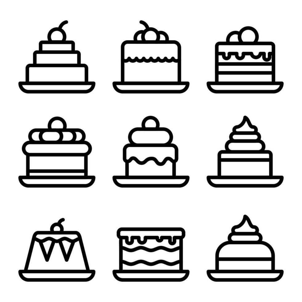 Cake dessert black line icons set. Sign kit of sweet food. Simple delicious black symbol. Sweet birthday cakes, Bakery cupcake isolated on white. Vector illustration