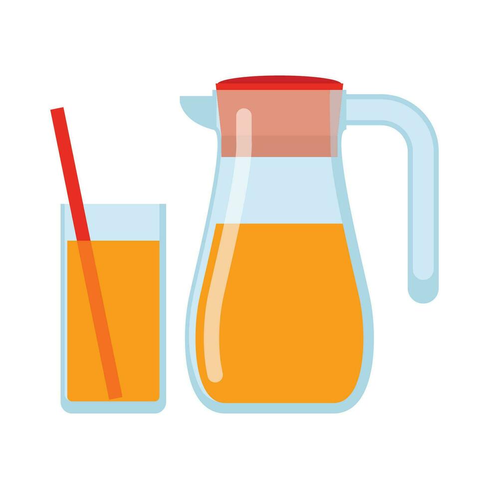 Jug glass of orange juice isolated icon on white background, Lemonade glass and pitcher. Healthy drink Flat style vector