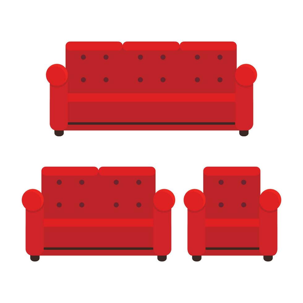 rojo sofá y Sillón colocar. cómodo salón para interior diseño aislado en blanco antecedentes. vector