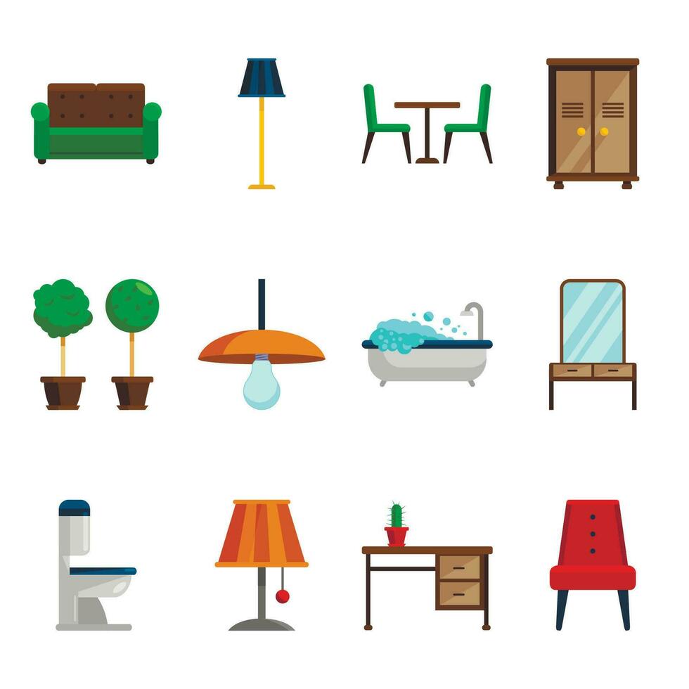 Furniture icons set for rooms of house. Flat style vector