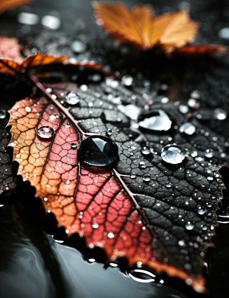 AI generated Autumn leaves with water drops on dark background, close-up photo