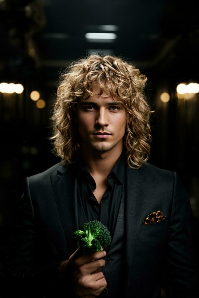 AI generated Portrait of a handsome young man with curly blond hair in a black suit with a green broccoli in his hand photo