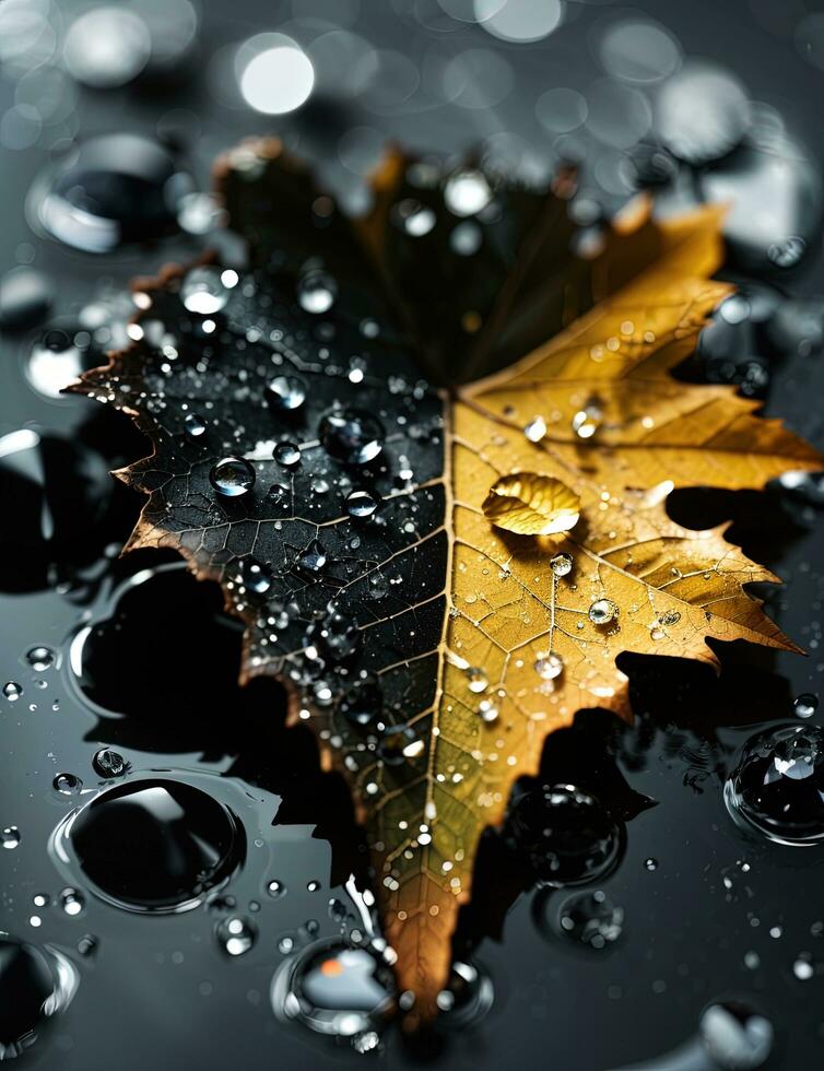 AI generated Black and yellow leaf with water drops on dark background. Autumn concept. Close up. photo