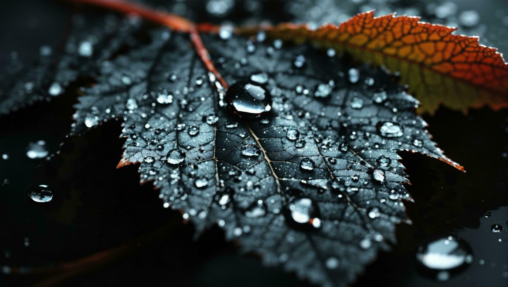 AI generated water drops on autumn leaf macro close-up - shallow depth of field photo