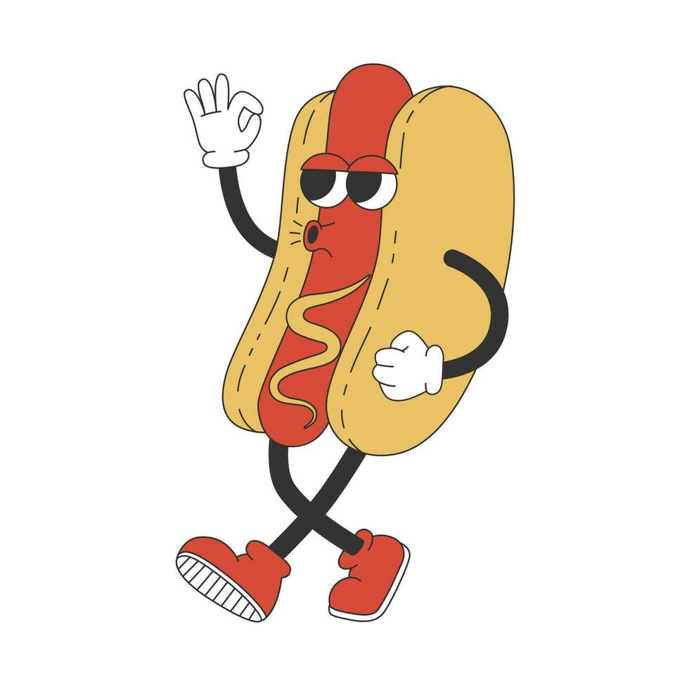Groovy hippie hot dog. Cartoon character in trendy retro style. vector