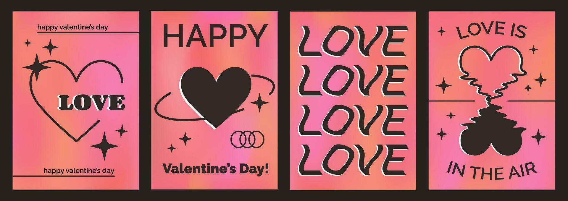 Valentine's Day posters in y2k aesthetics, vertical banners, holiday cards with hearts, frames and text greetings on a vivid background. Vector illustration.