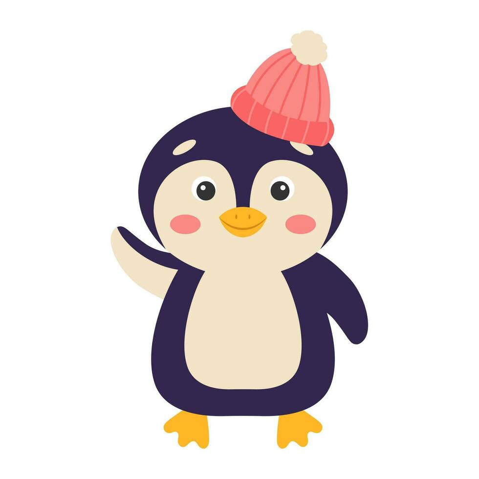 linda dibujos animados pingüino en un de punto sombrero. vector ilustración.