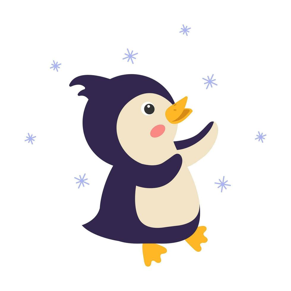 linda dibujos animados pingüino atrapando nieve. vector ilustración.