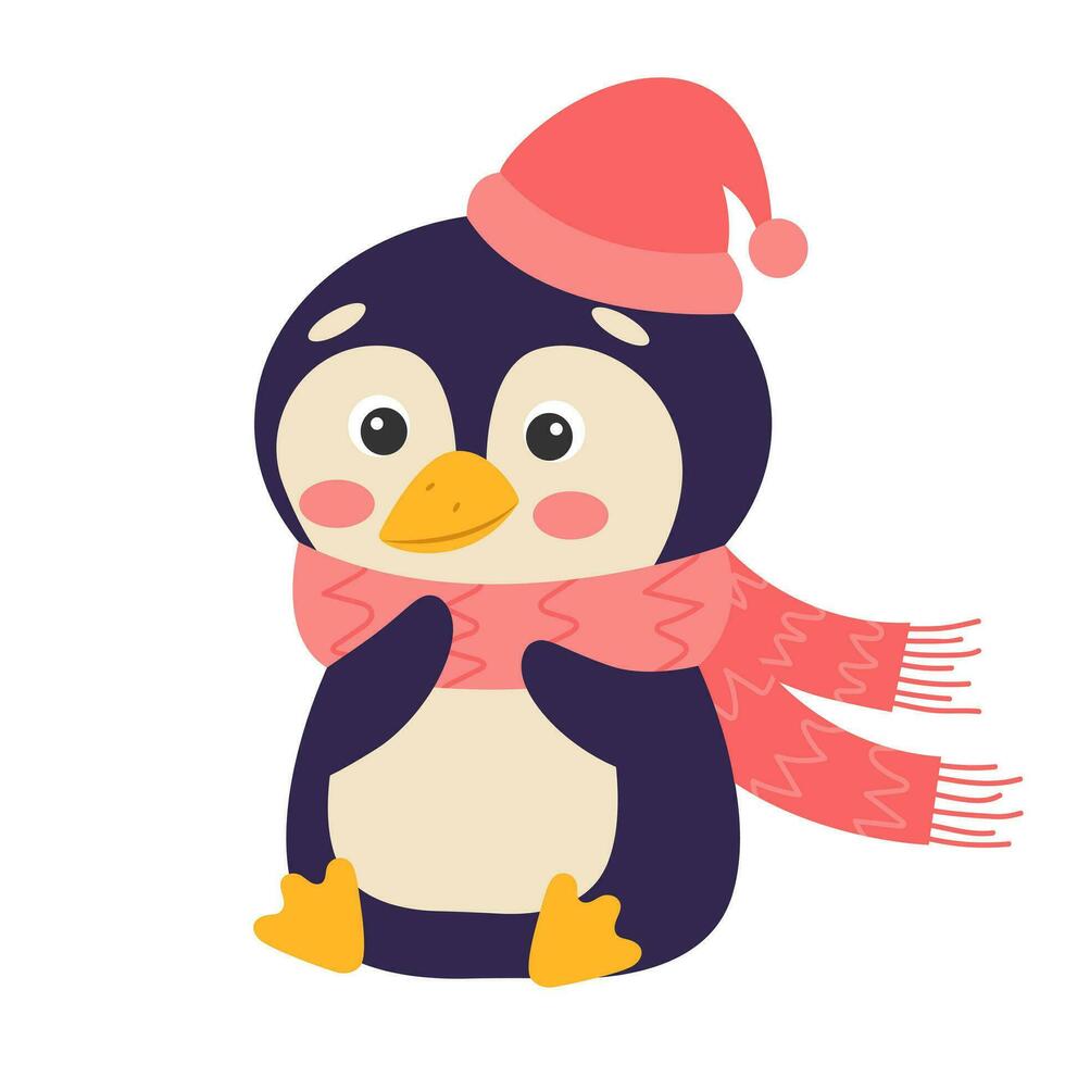 linda dibujos animados pingüino vistiendo un sombrero y bufanda. vector ilustraciones.