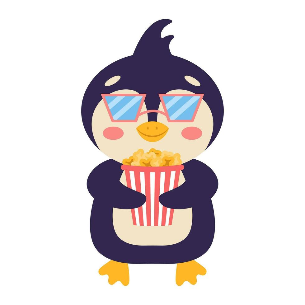 Cute cartoon penguin with popcorn. Vector illustration.