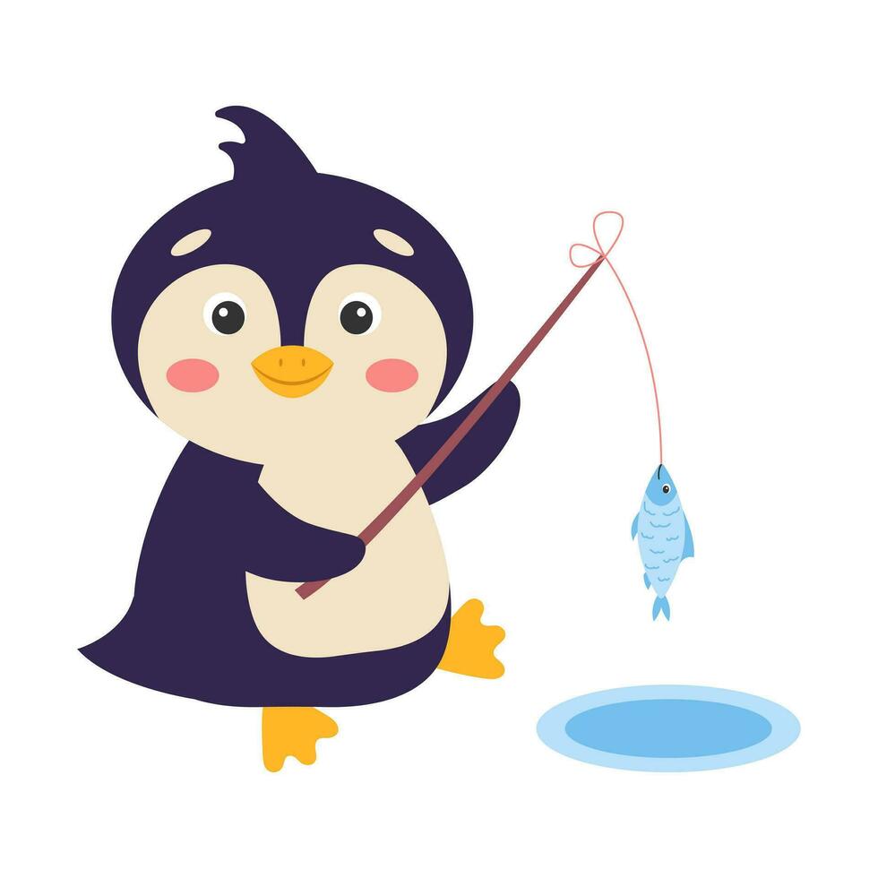 Cute cartoon penguin is fishing. Vector illustration.