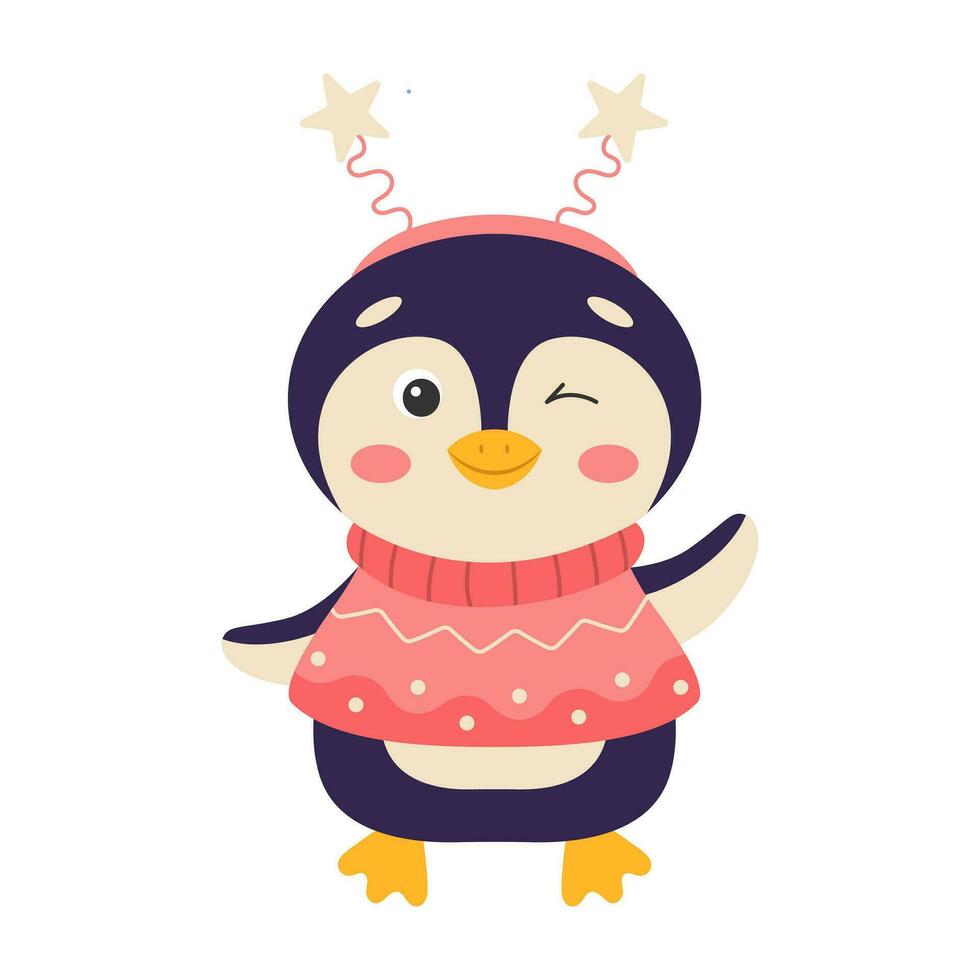 Cute cartoon penguin in a knitted sweater. Vector illustration.