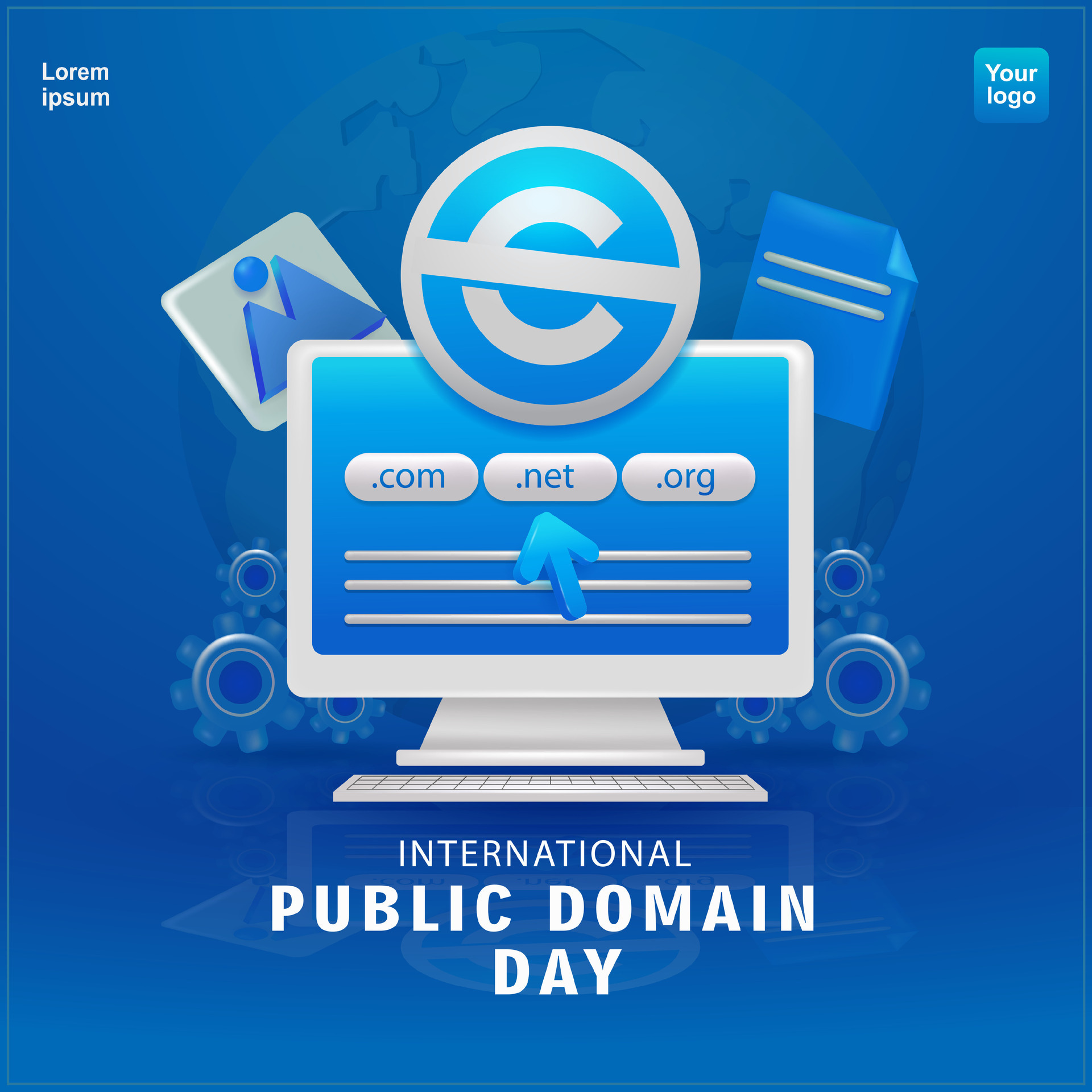 International Public Domain Day. Computer monitor with Public Domain