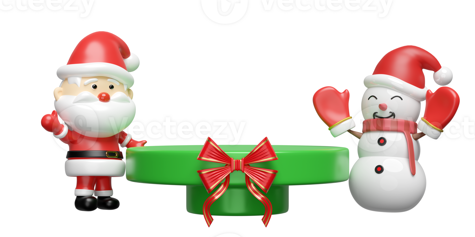 cylinder stage podium with Santa claus, snowman, red ribbon. merry christmas and happy new year, 3d render illustration png