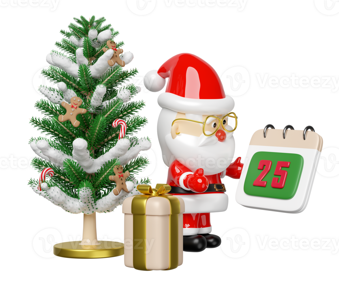 Santa claus im Brille hält ein Kalender auf Dezember 25 mit Geschenk Kasten, Weihnachten Baum, Lebkuchen Mann, Süßigkeiten Stock. fröhlich Weihnachten und glücklich Neu Jahr, 3d machen Illustration png