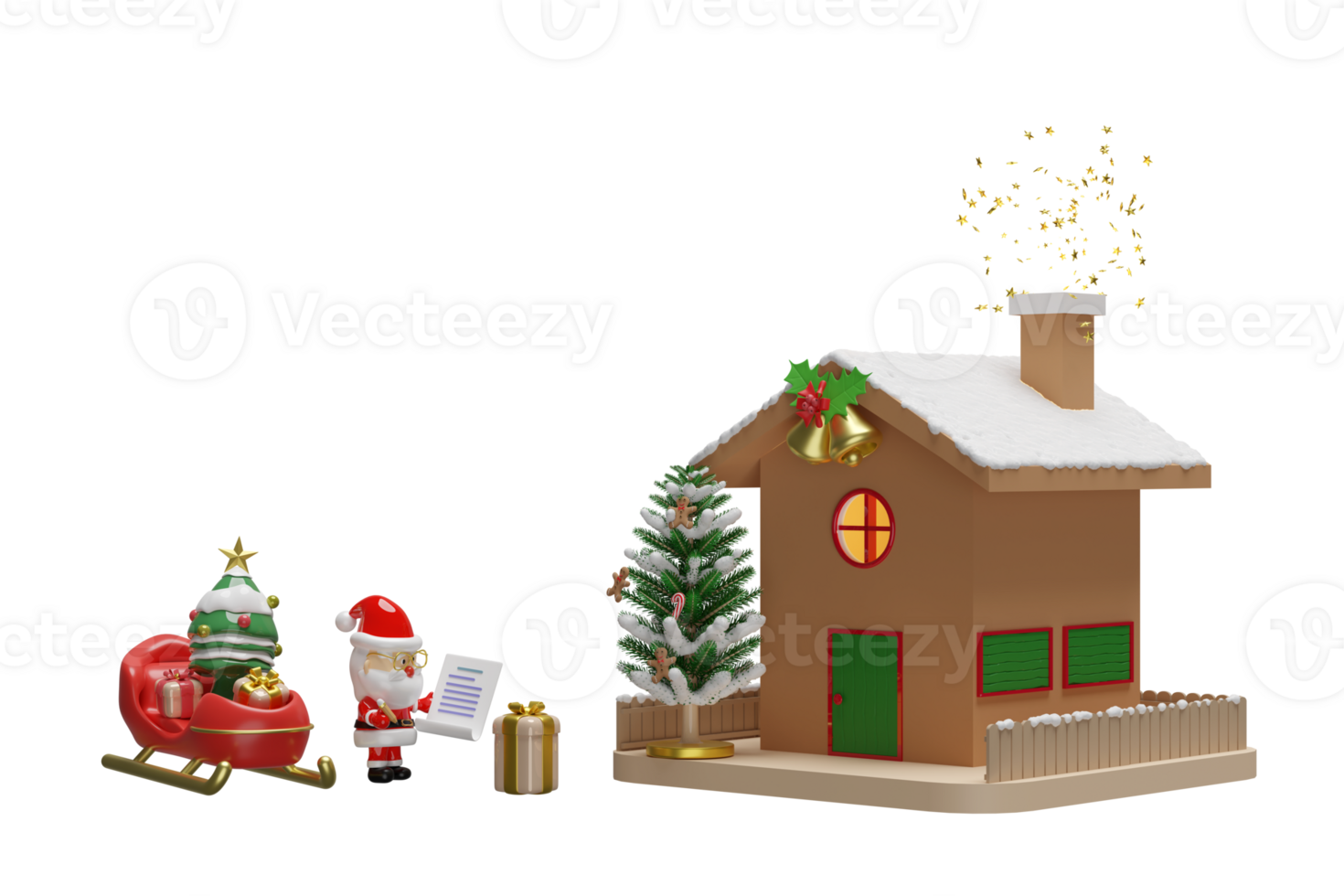 Père Noël claus est vérification cadeau des boites avec liste de contrôle, traîneau, Noël arbre, loger, clôture, tinter cloche, pain d'épice homme, bonbons canne. joyeux Noël et content Nouveau année, 3d rendre illustration png