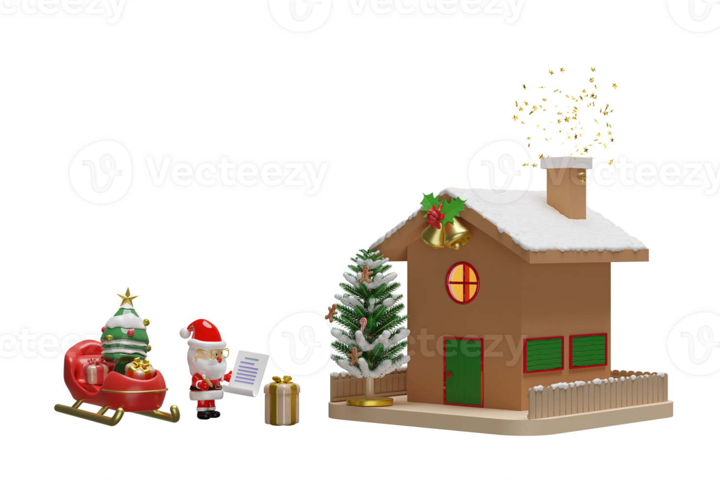 Santa Claus è controllo regalo scatole con lista di controllo, slitta, Natale albero, Casa, recinzione, tintinnio campana, Pan di zenzero uomo, caramella canna. allegro Natale e contento nuovo anno, 3d rendere illustrazione png