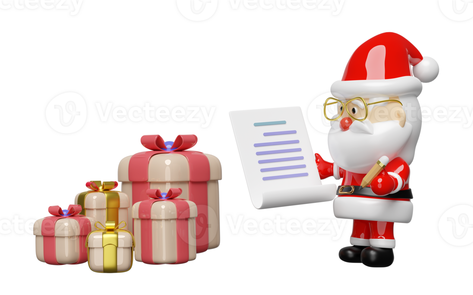 Santa Claus is checking gift boxes with a checklist. merry christmas and happy new year, 3d render illustration png