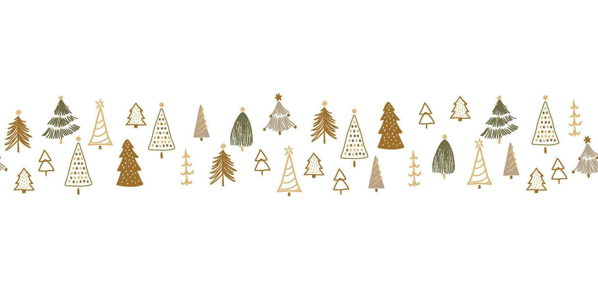 Boho Christmas tree long horizontal seamless border with cute rustic fir trees. Vector repeat background, textile design, New Year wrap paper, packaging. Hand drawn winter forest illustration.