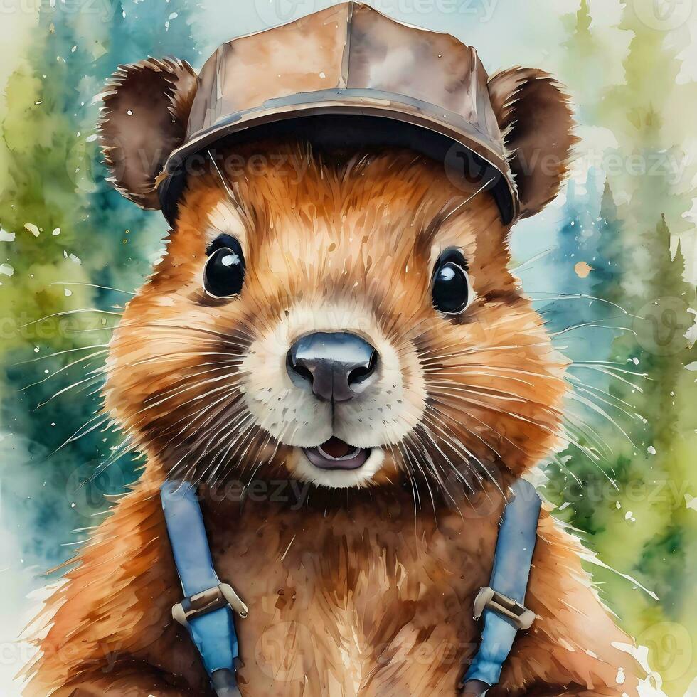 AI generated Cute smiling animal beaver in hat. Funny portrait rodent photo