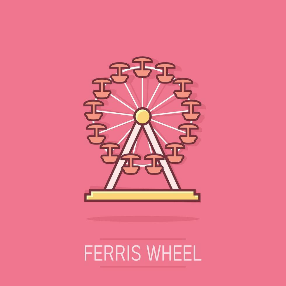 Vector cartoon ferris wheel icon in comic style. Carousel in park sign illustration pictogram. Amusement ride business splash effect concept.