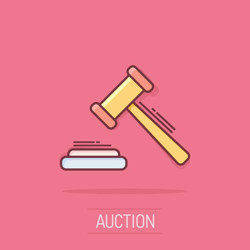 Vector cartoon auction hammer icon in comic style. Court tribunal sign illustration pictogram. Hammer business splash effect concept.