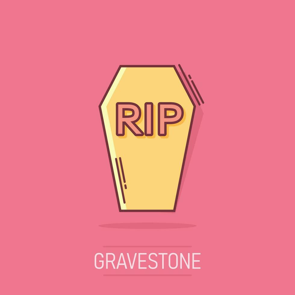 Vector cartoon halloween grave icon in comic style. Gravestone sign illustration pictogram. Rip business splash effect concept.