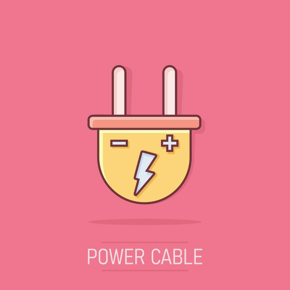 Vector cartoon electric plug icon in comic style. Power wire cable sign illustration pictogram. Wire business splash effect concept.