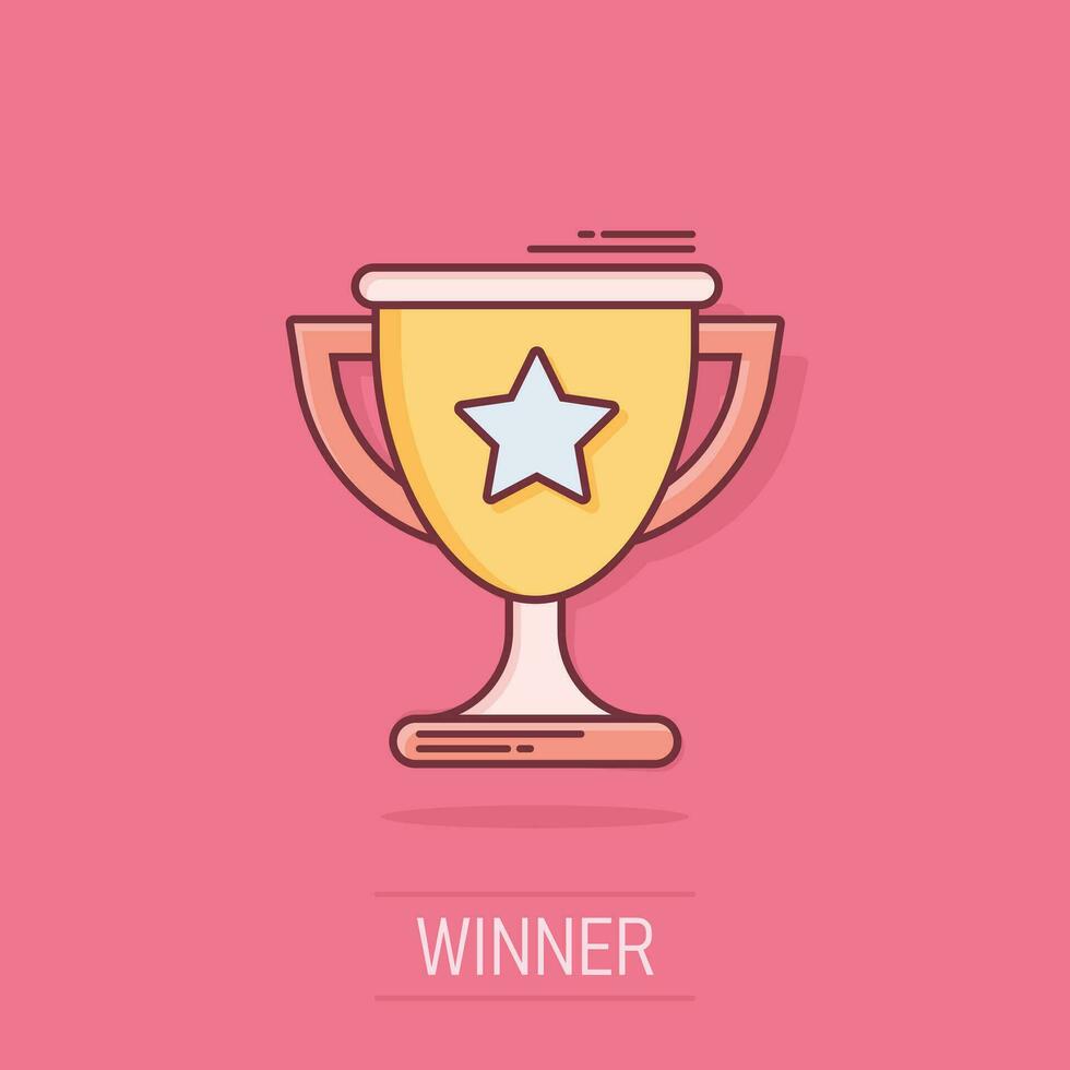 Vector cartoon trophy cup icon in comic style. Winner sign illustration pictogram. Award prize business splash effect concept.