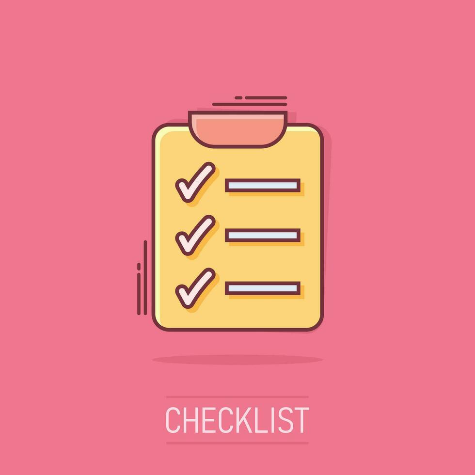 Vector cartoon to do list icon in comic style. Checklist, task list sign illustration pictogram. Reminder business splash effect concept.